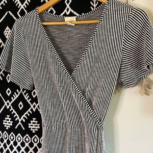 Black and White pinstripe faux wrap dress with tie